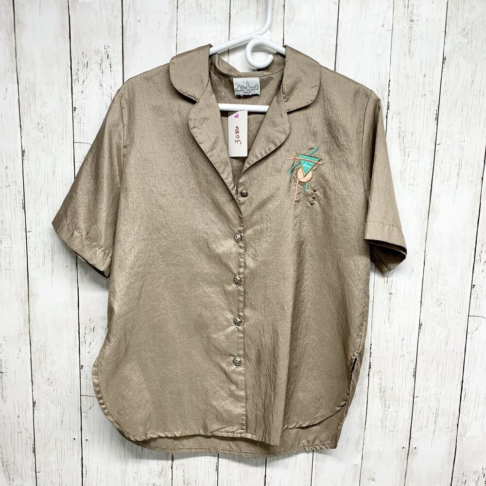 Vintage Park Place Fashions Blouse Women Large Collared Button Down Short Sleeve